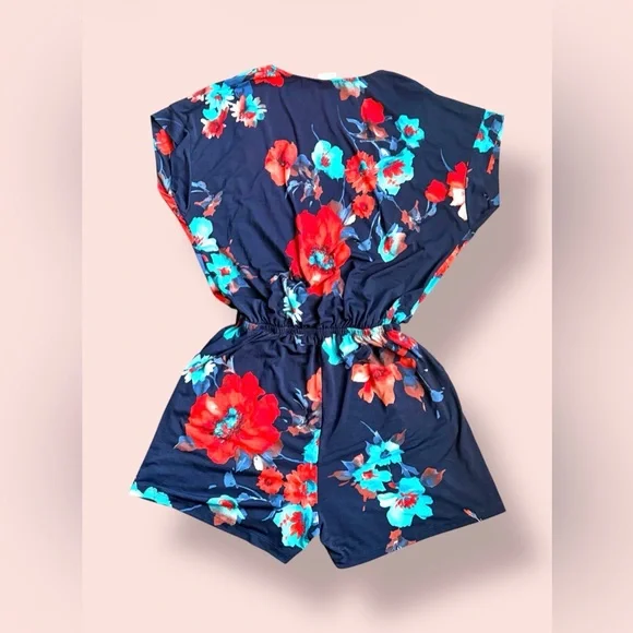 Floral Navy Wrap Romper - Women's Short Jumpsuit - Picture 4 of 6